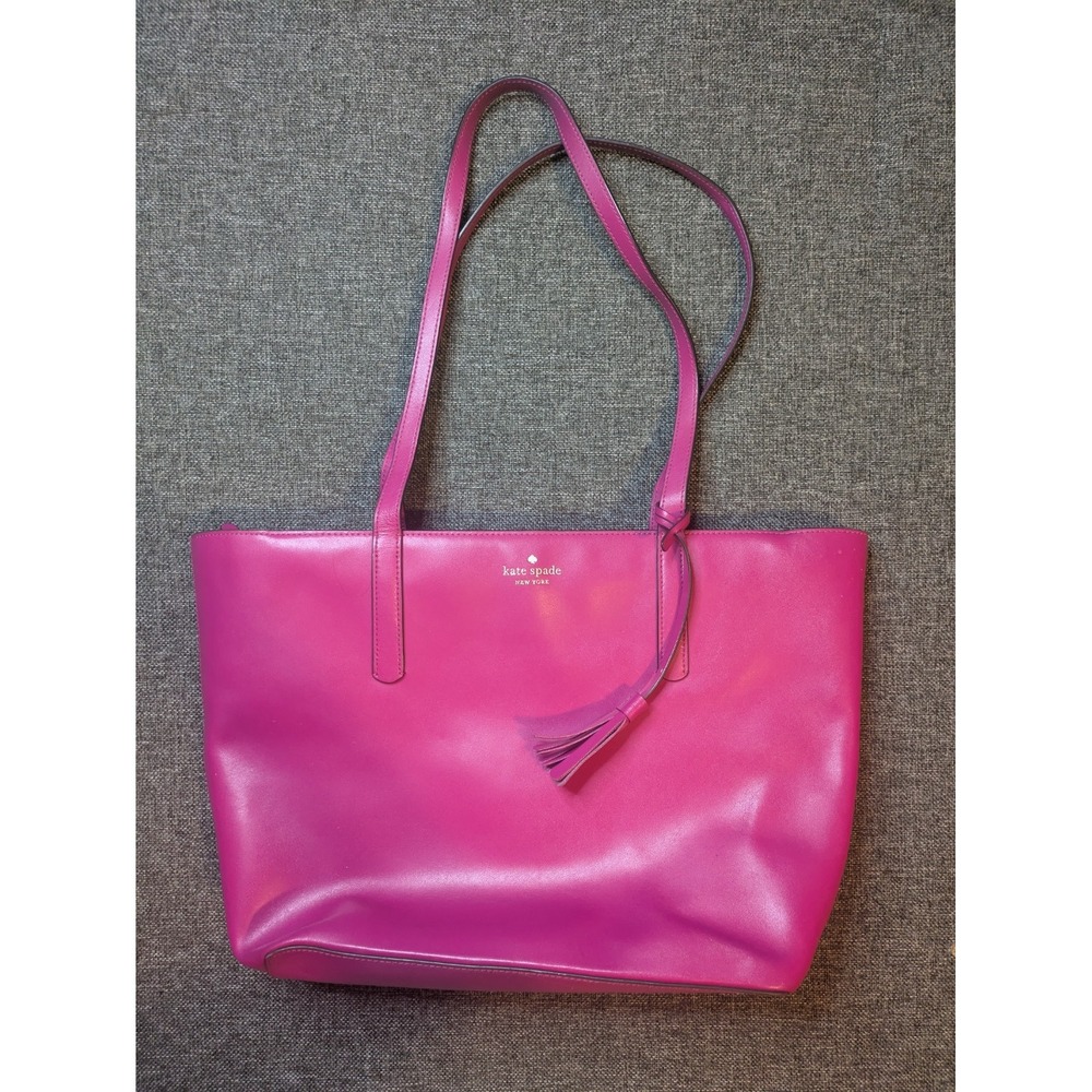 Kate Spade New York Large Hot Pink Tote Bag Tassel Leather Purse Bag Pockets